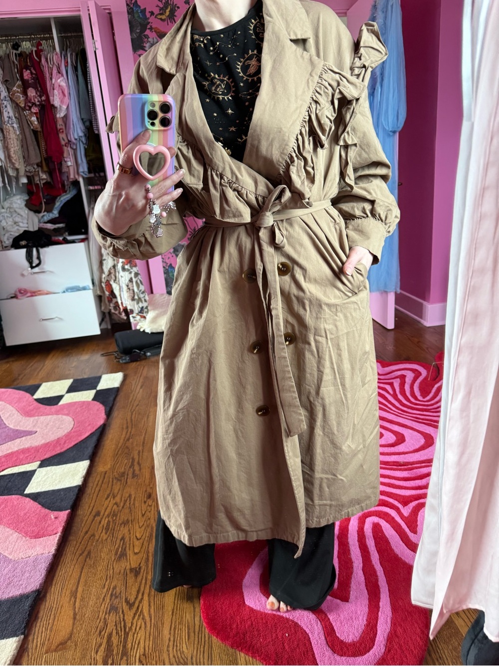 Mable Romantic Ruffle Trench Coat Womens Taupe Belted Double Breasted Size M/L